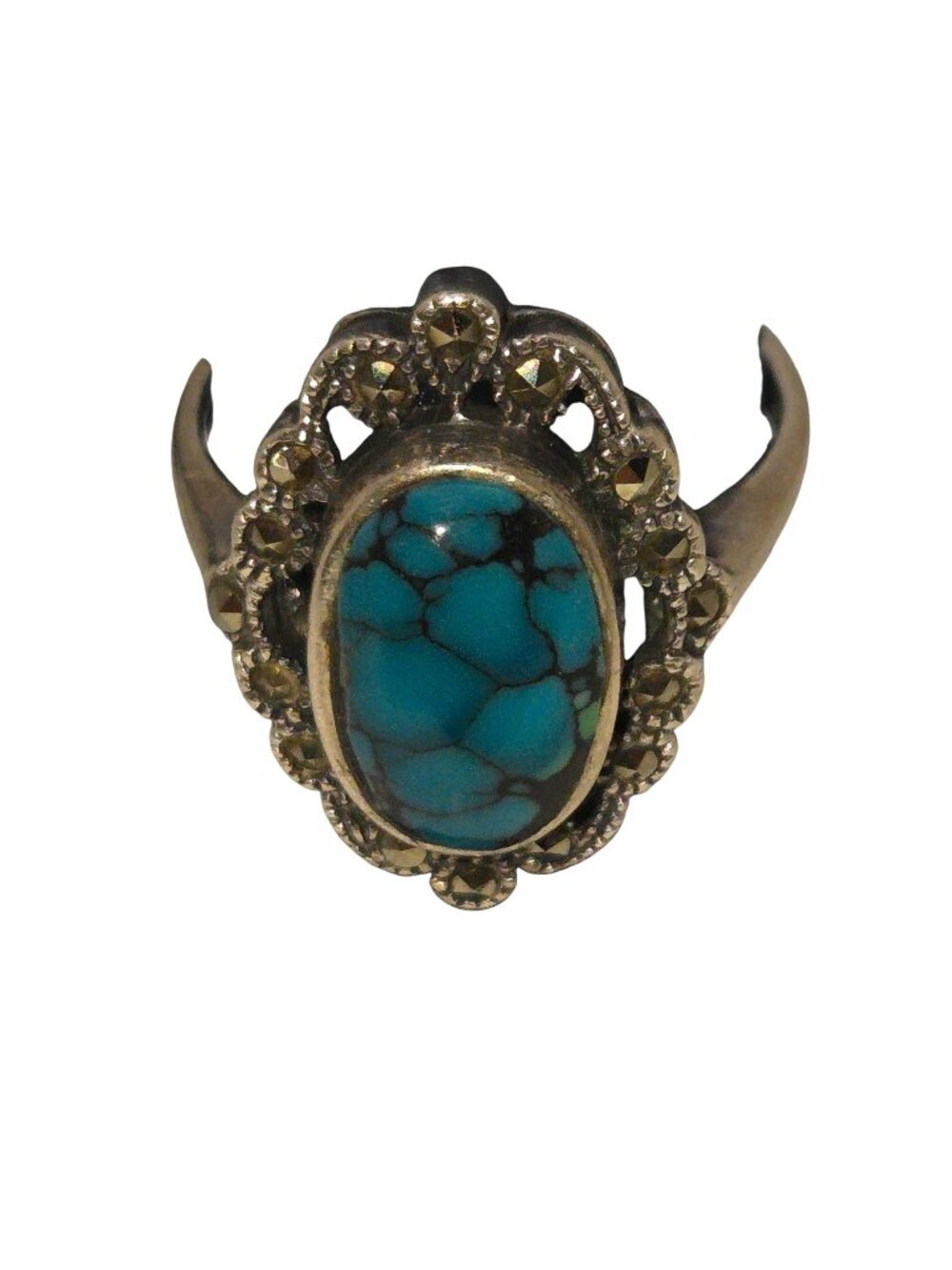 Vintage Sterling Silver Turquoise Marcasite Oval Ring Size 7 Southwest Spiderweb